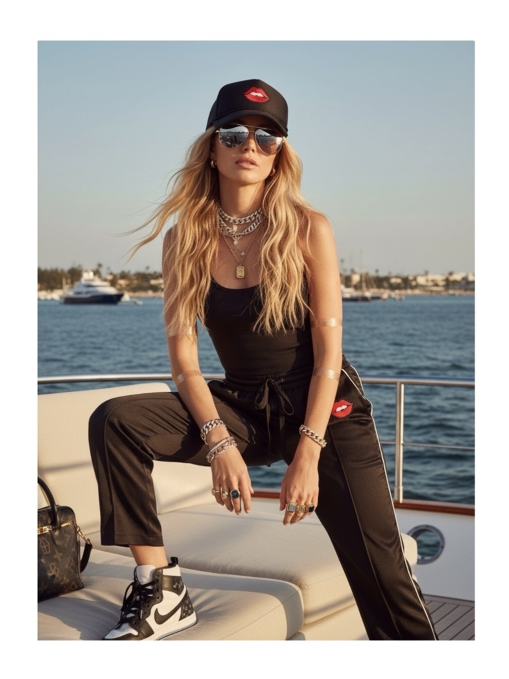 new Lauren Moshi ᨎ Lips Gap Mouth Patch Satiny Side Stripe Joggers Sweatpants ᨎ